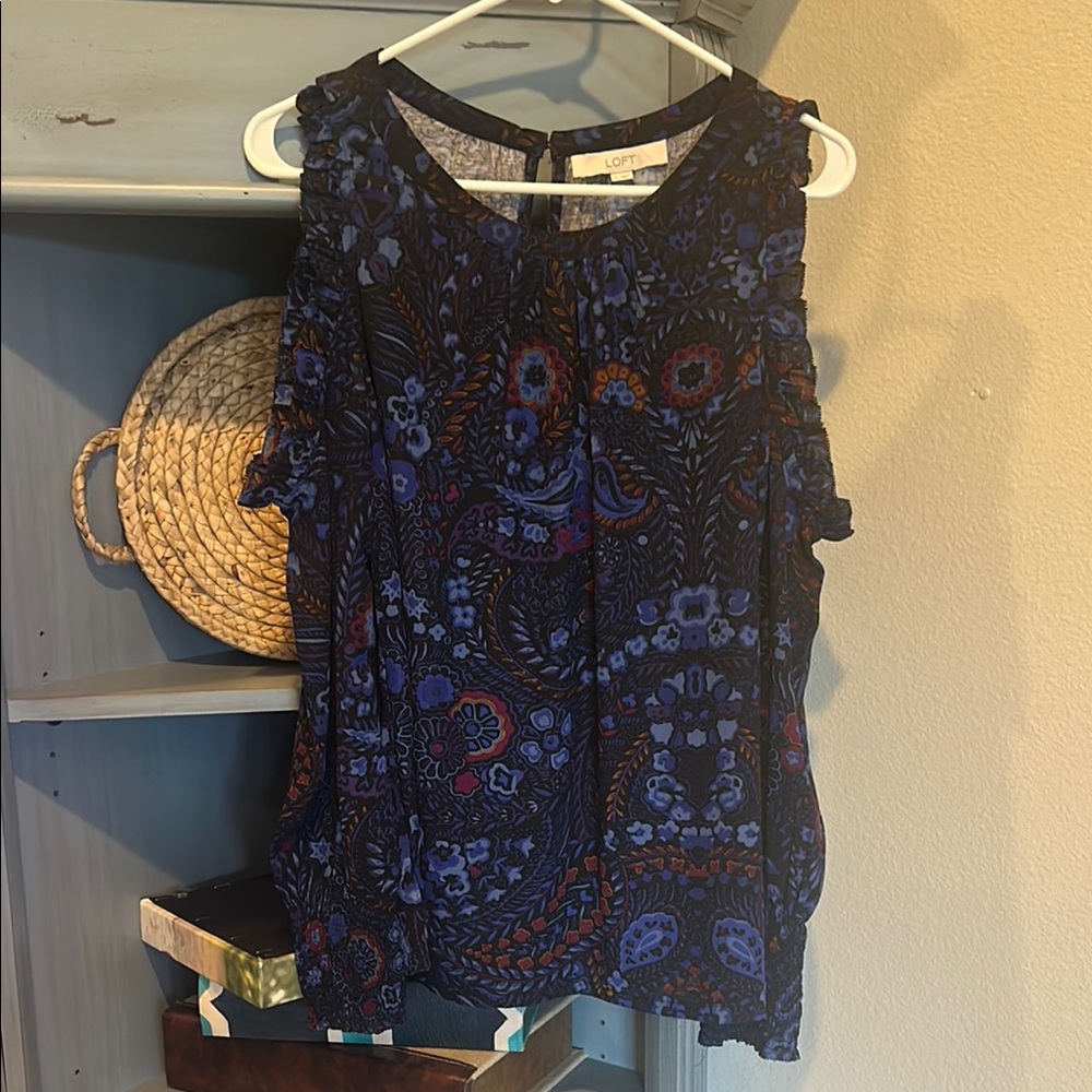 LOFT Blue and Purple Ruffled Open Shoulder Long-Sleeved Blouse